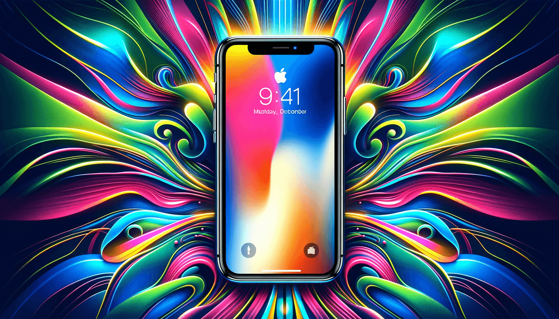 DALL·E 2023 11 03 15.33.10 Illustration of an iPhone X centered on a vibrant abstract background. The iPhone is rendered in high detail displaying a colorful wallpaper on its 1