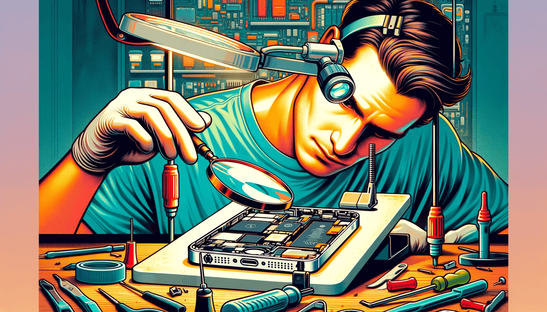 DALL·E 2023 11 03 17.28.08 Illustration of a male technician with medium skin tone wearing a magnifying headband meticulously opening an iPhone 5 with specialized tools. The i