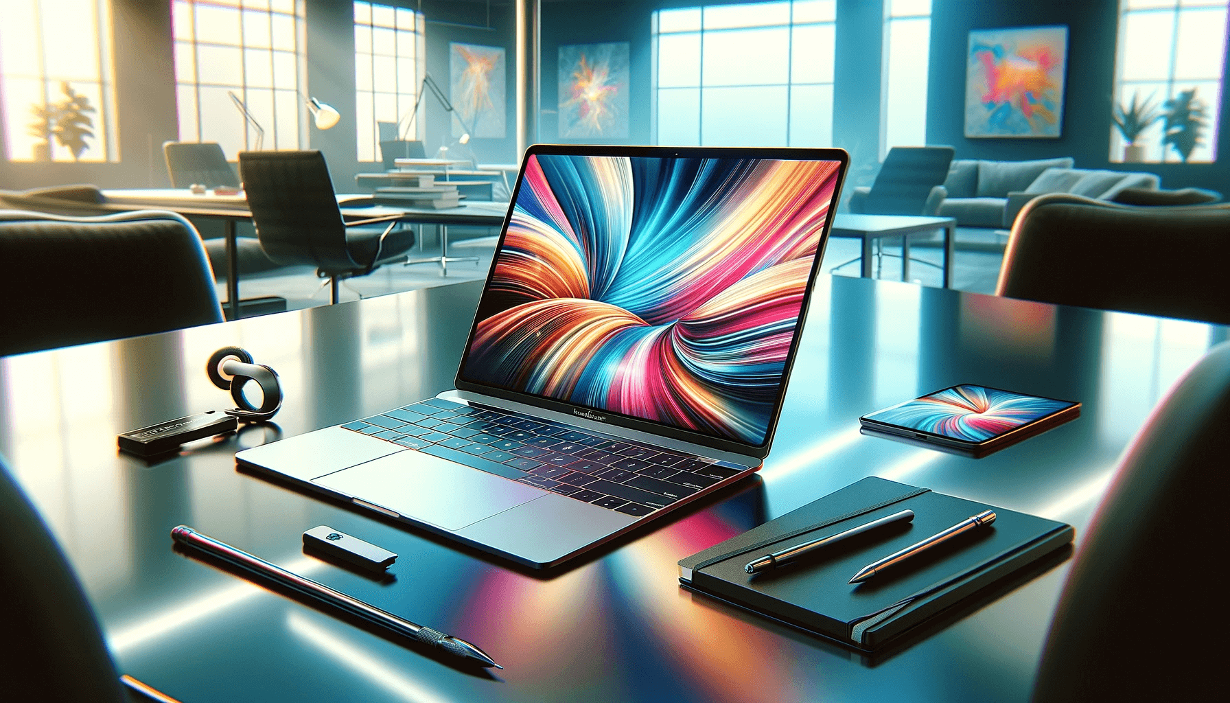 DALL·E 2023 11 10 17.46.09 A digital illustration of a MacBook in a contemporary vibrant style. The MacBook is shown open on a modern glass table displaying its sleek design a 1