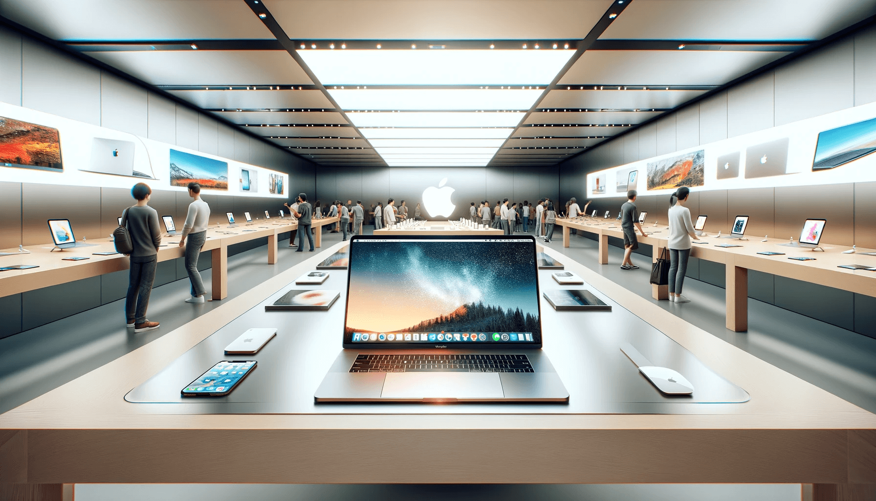 DALL·E 2023 11 10 17.54.29 A digital illustration of a MacBook displayed in an Apple Store. The setting is a sleek and modern Apple Store with clean lines and a minimalist desig 1