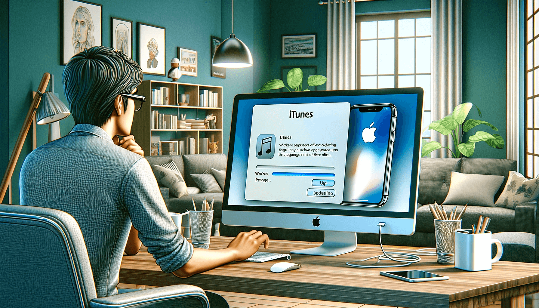 DALL·E 2023 11 14 16.38.22 A digital illustration of an iPhone being updated with iTunes. The scene is set in a modern home office. In the foreground a person of South Asian de 1