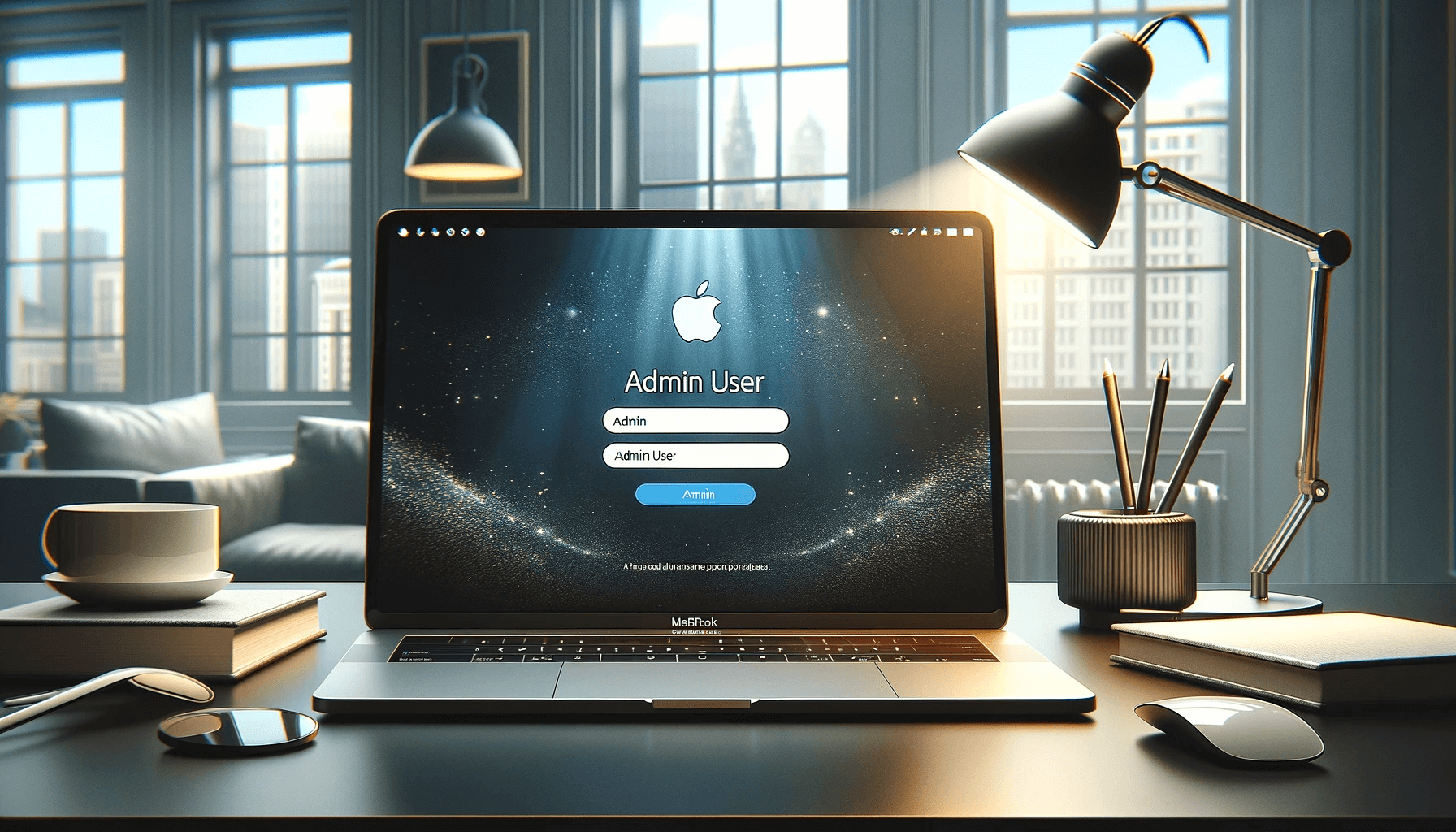 DALL·E 2023 11 14 17.18.16 A digital illustration of a MacBook screen displaying the admin name. The scene depicts a modern minimalist office setting. The MacBook is open on a 1