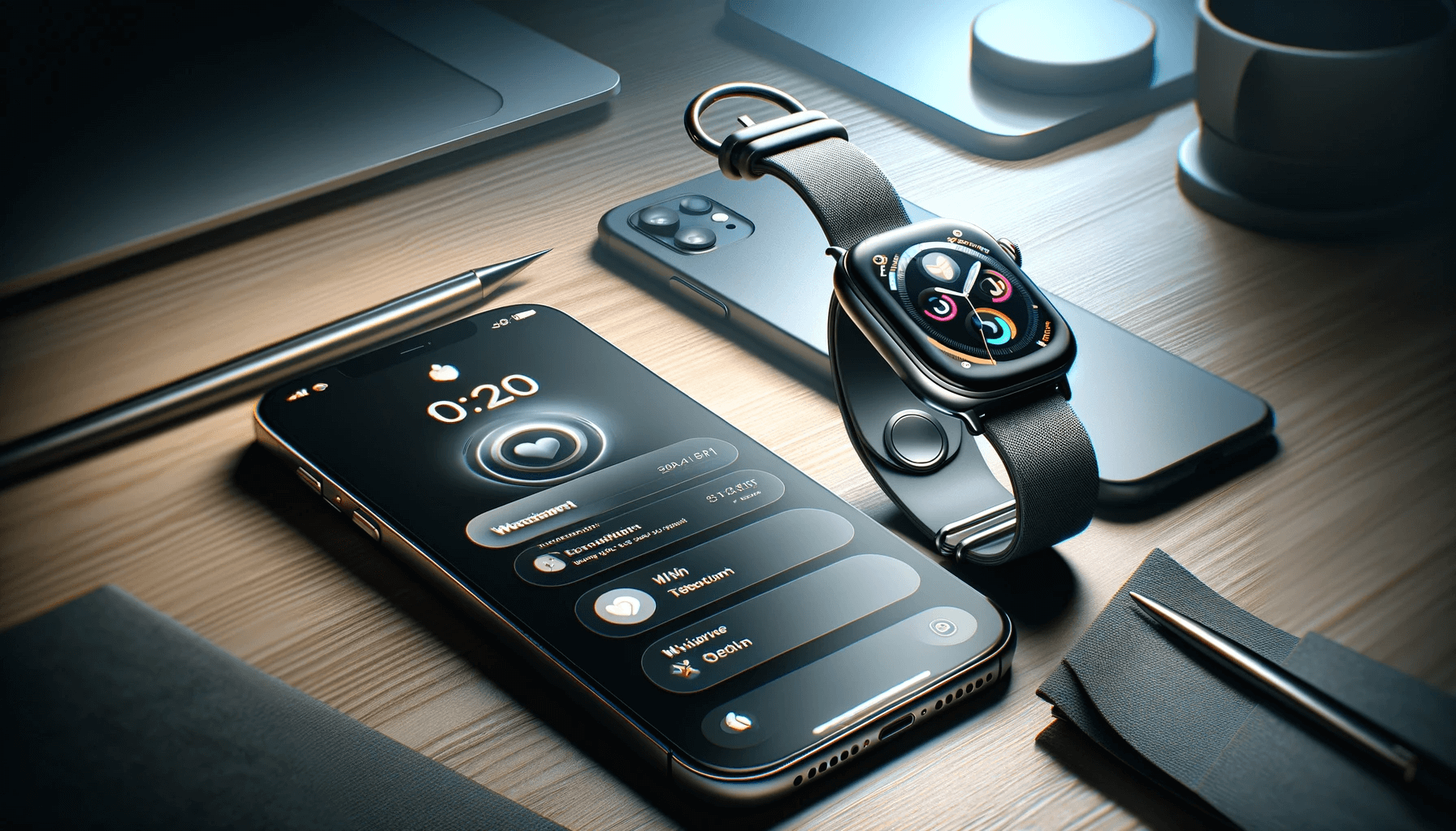 DALL·E 2023 11 15 15.08.21 A digital illustration of a smartwatch and an iPhone. The smartwatch is depicted with its screen on showing a modern and interactive interface strap 1