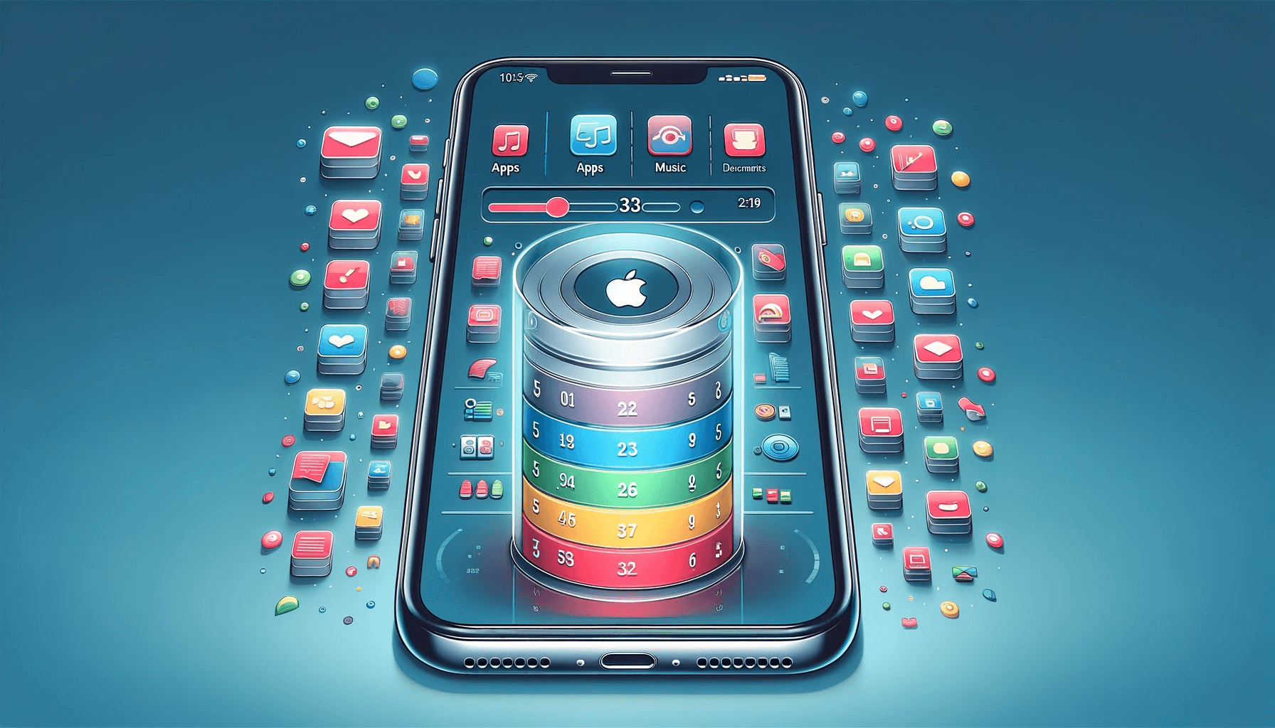 DALL·E 2023 11 16 17.00.19 A digital illustration showing the concept of iPhone storage. The image features an iPhone in the center with a clear high resolution screen displayi
