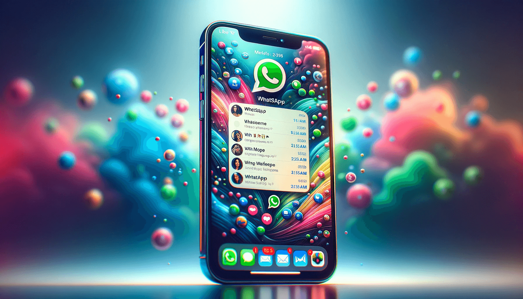 DALL·E 2023 11 16 17.49.40 A stunning digital illustration of WhatsApp on an iPhone. The iPhone is depicted with high detail showcasing its sleek design and clear screen. The s