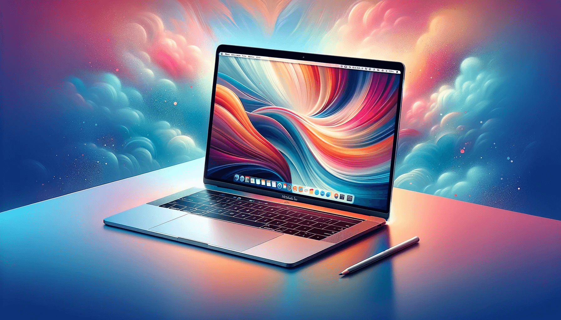 DALL·E 2023 11 17 15.15.52 A stunning digital illustration of a MacBook Air with a beautiful background featuring soft colors. The MacBook Air is depicted open on a sleek desk