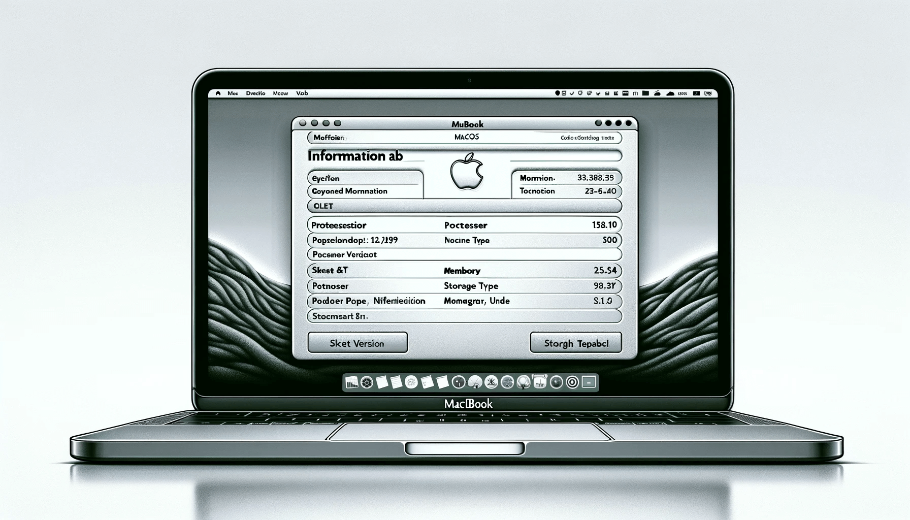 DALL·E 2023 11 20 17.18.30 A digital illustration of a MacBook with the information tab open. The MacBook is realistically portrayed open on a desk displaying its screen with