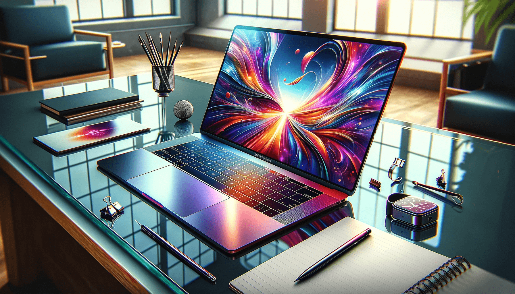 DALL·E 2023 11 21 09.51.31 A stunning digital illustration of a MacBook in a vibrant and artistic style. The MacBook is shown open on a modern glass table displaying its sleek