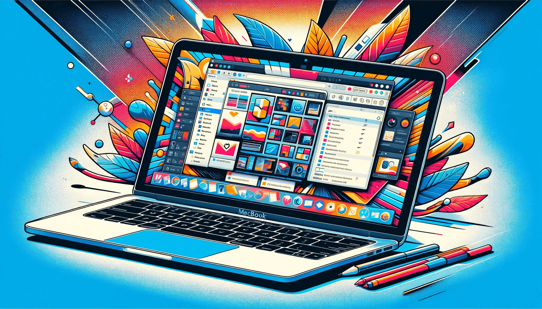 DALL·E 2023 11 21 10.05.16 A digital illustration of a print screen on a MacBook with a colorful background. The MacBook is open on a desk its screen displaying a recently cap