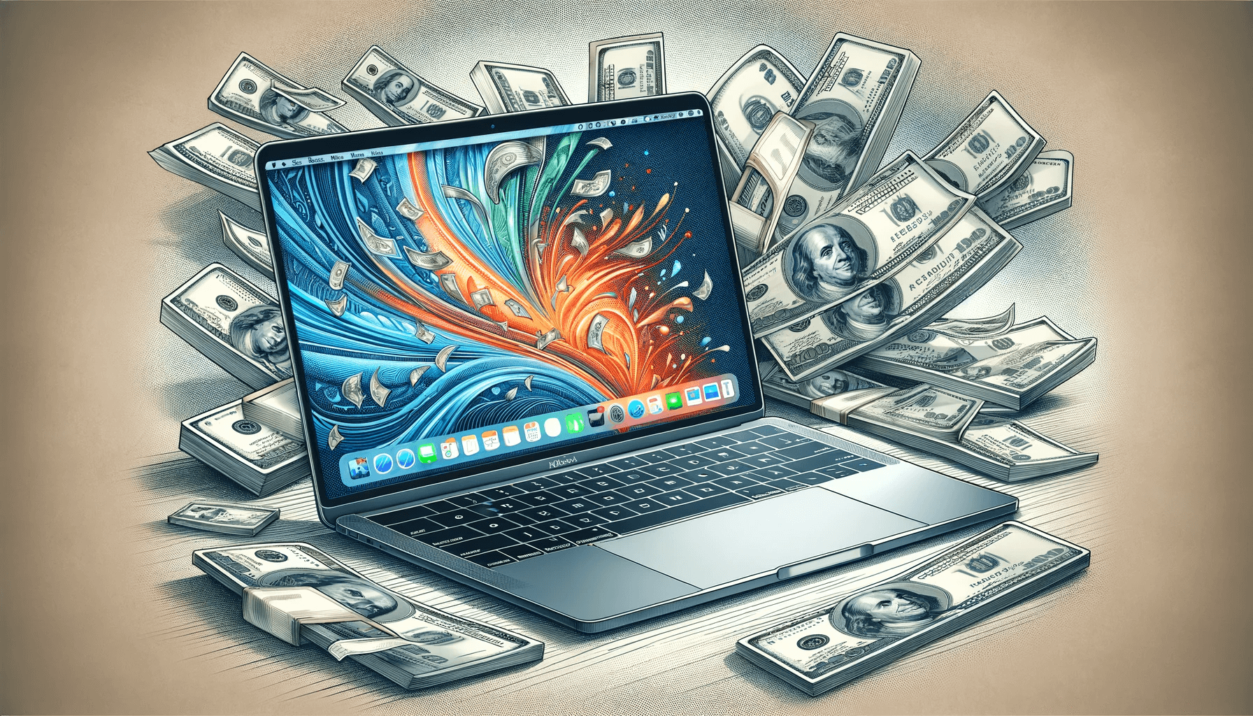 DALL·E 2023 11 22 16.54.20 A digital illustration of a MacBook with money bills in the background. The MacBook is depicted open on a desk showcasing its sleek design and high r