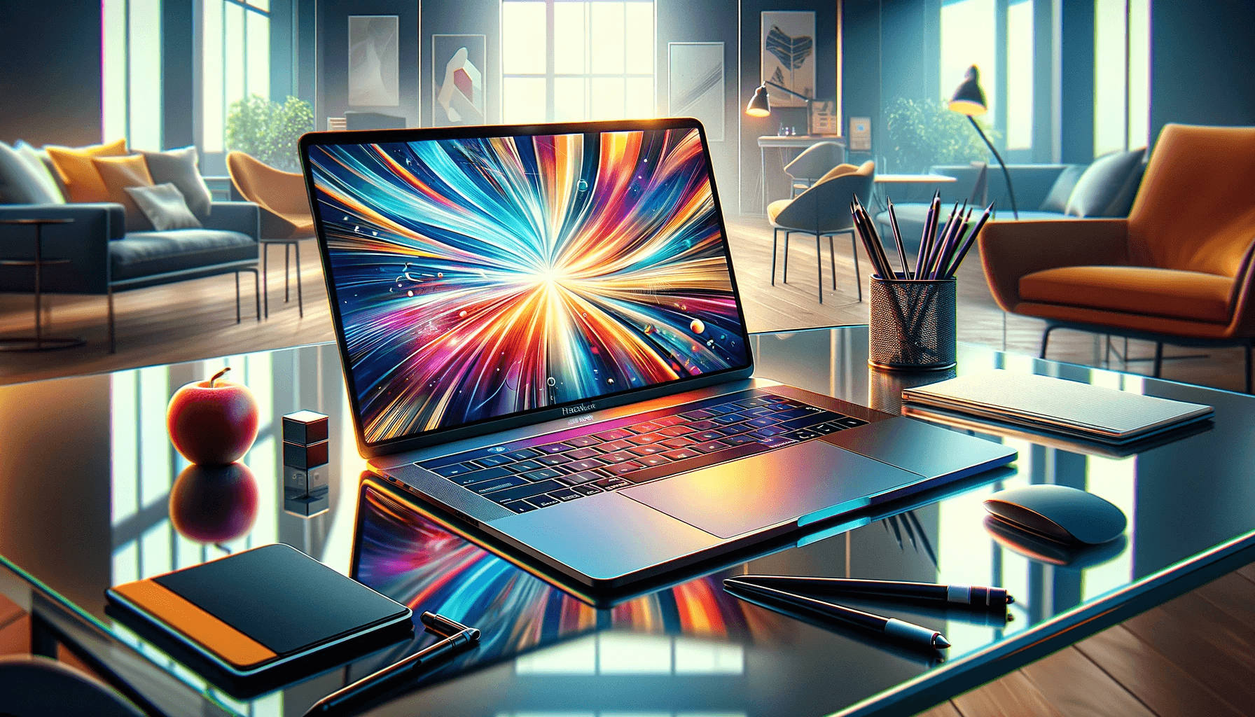 DALL·E 2023 11 22 17.10.43 A stunning digital illustration of a MacBook in a vibrant and artistic style. The MacBook is shown open on a modern glass table displaying its sleek