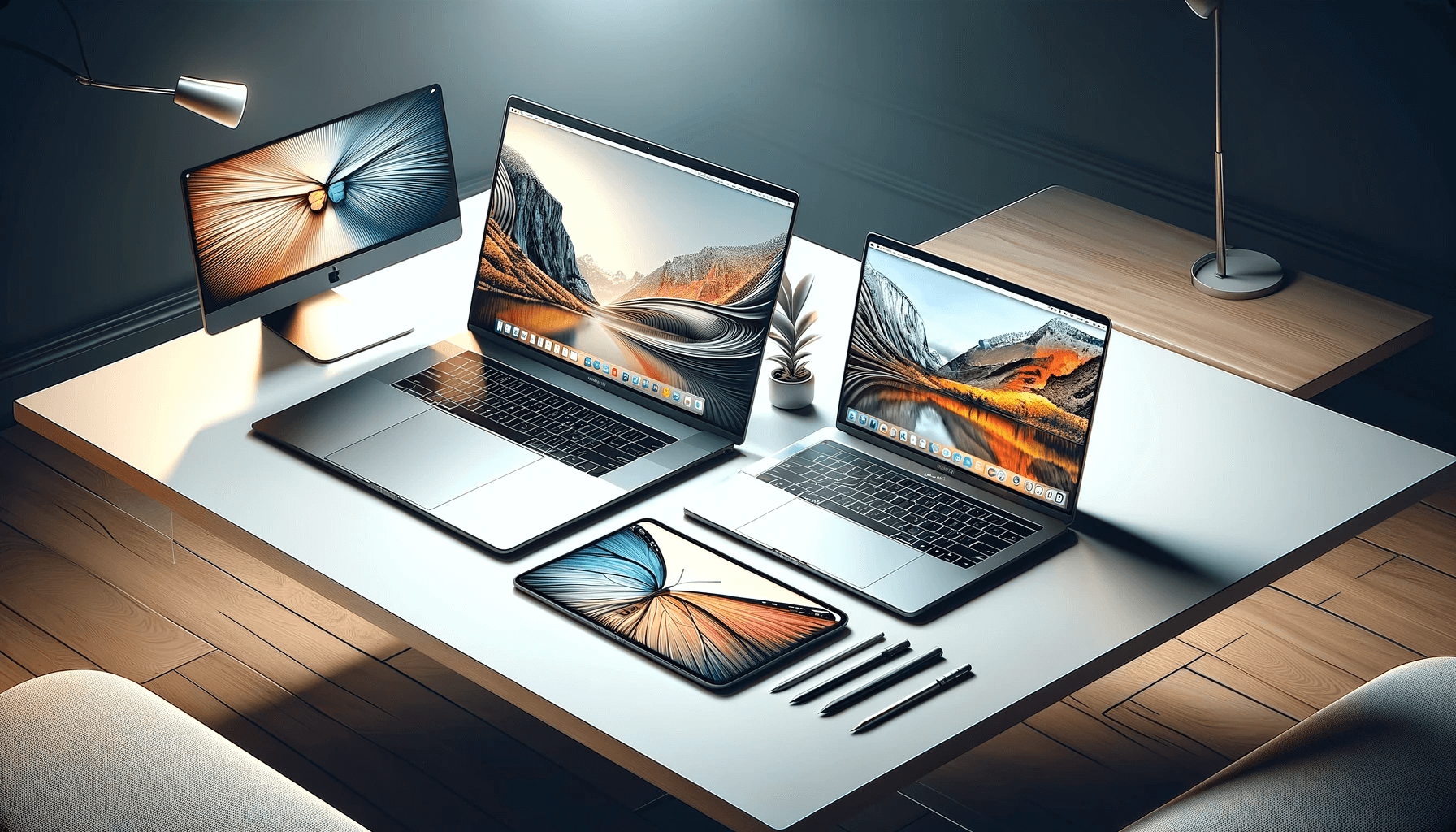 DALL·E 2023 11 22 17.40.08 A digital illustration of three different MacBooks placed on a table. The illustration features a MacBook Air a MacBook Pro and a classic MacBook e