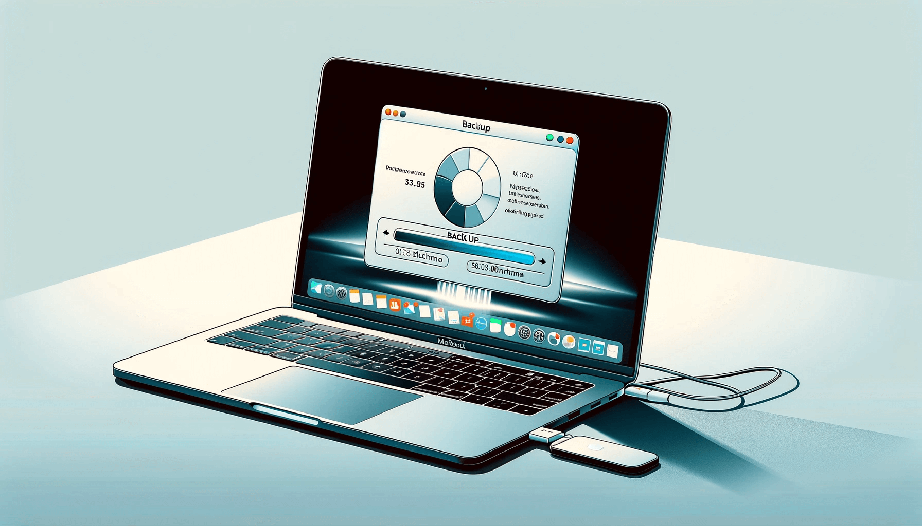 DALL·E 2023 11 23 15.16.24 A digital illustration of a MacBook undergoing a backup process. The MacBook is shown open on a desk with its screen displaying the backup interface