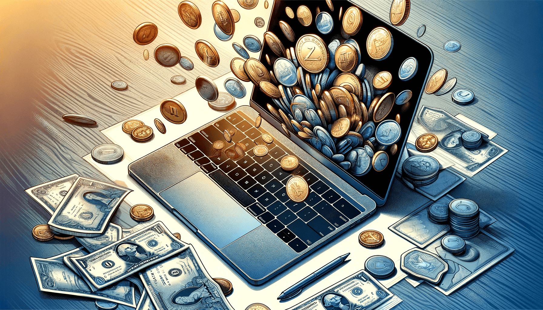 DALL·E 2023 11 23 15.28.56 A digital illustration of a MacBook with coins and bills in the background. The MacBook is depicted open on a desk showcasing its sleek design and cl 1