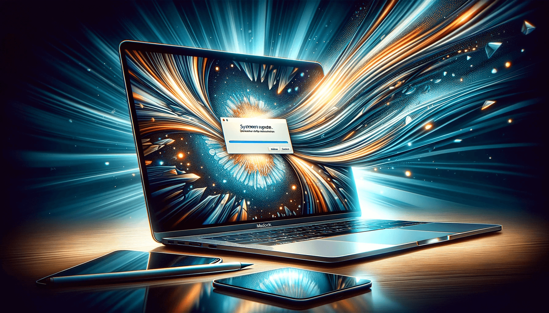 DALL·E 2023 11 23 16.26.20 A stunning digital illustration of a MacBook undergoing an update. The MacBook is depicted in high detail open on a desk with its screen vividly sho
