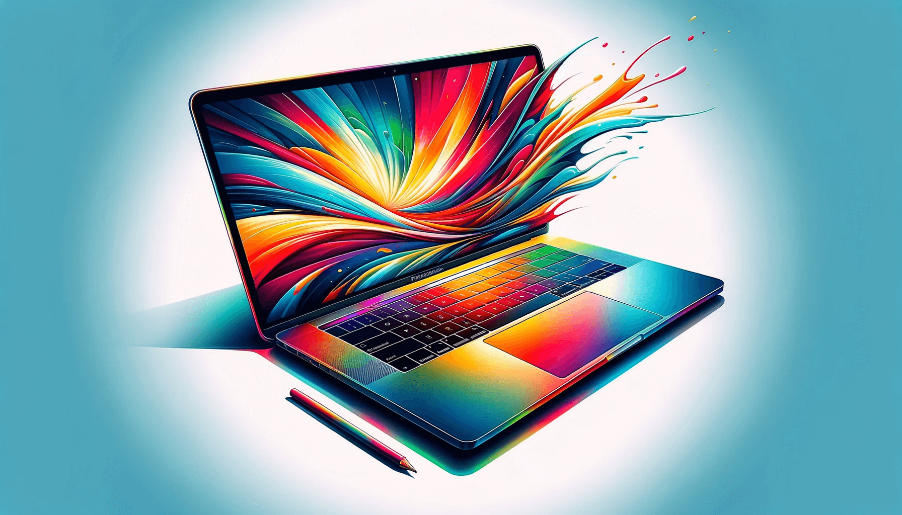 DALL·E 2023 11 24 17.50.18 A stunning digital illustration of a MacBook portrayed in a vibrant and colorful style. The MacBook is depicted open showcasing its sleek design and