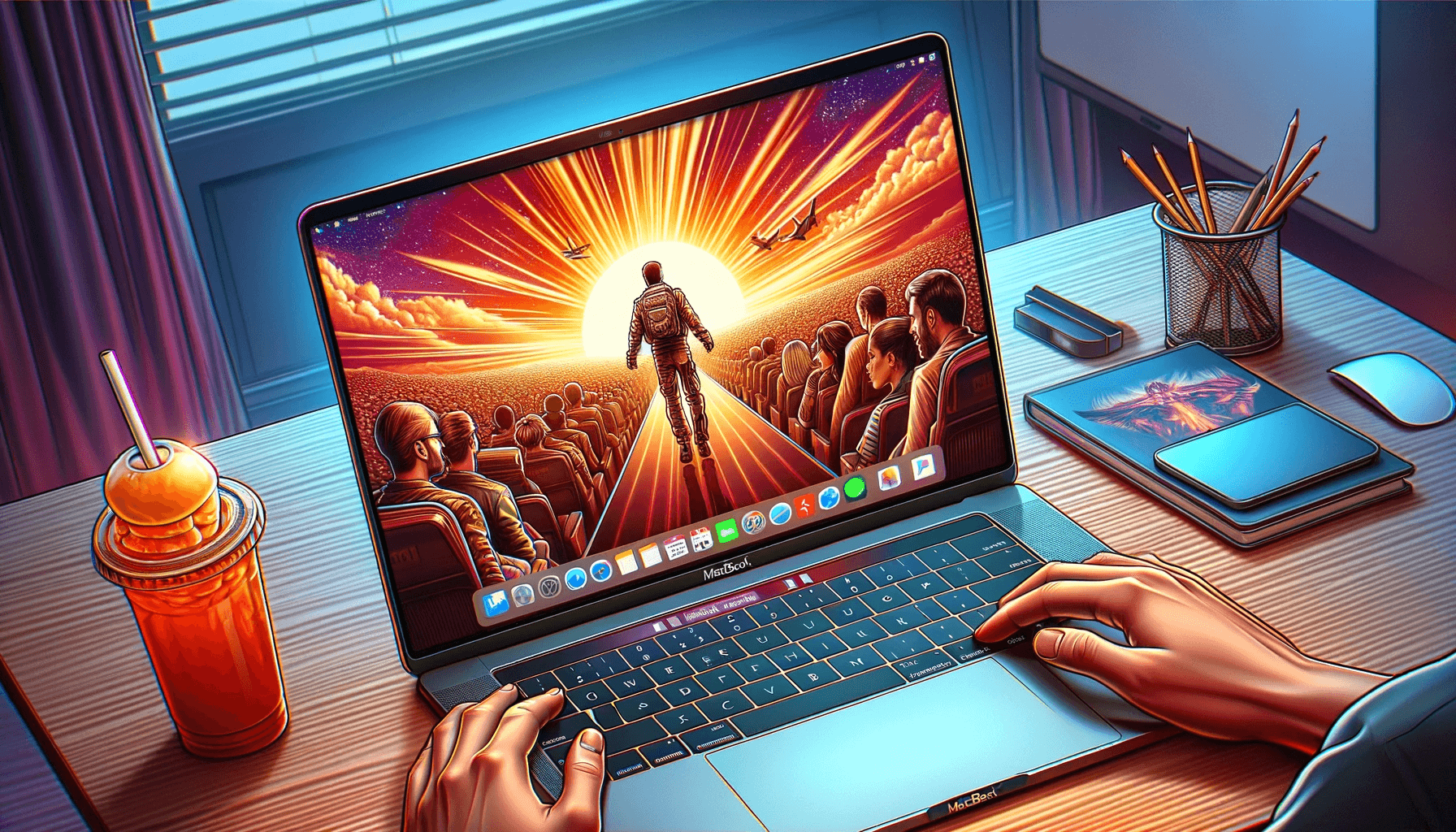 DALL·E 2023 11 24 17.52.46 A digital illustration of a movie being watched on a MacBook. The MacBook is open on a desk with its screen showing a scene from a movie. The movie s