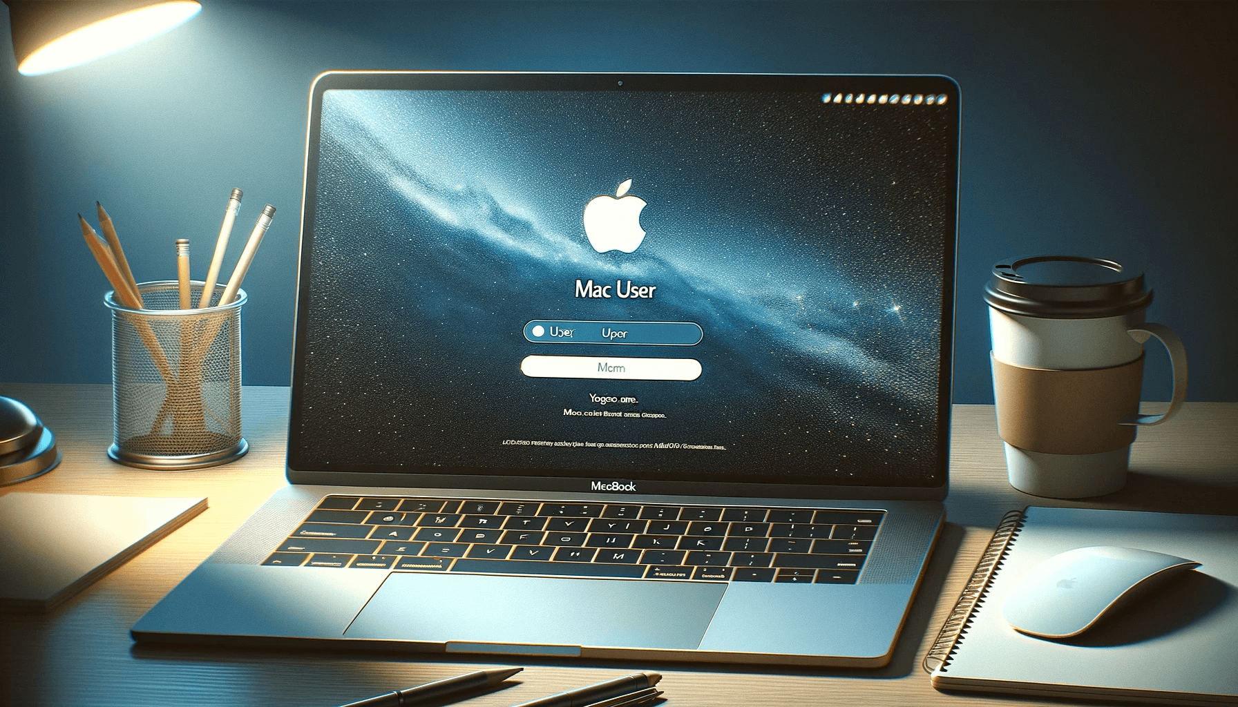 DALL·E 2023 11 29 09.35.32 A digital illustration of a MacBook screen displaying the user name. The MacBook is depicted in a realistic style open on a desk. The screen shows th