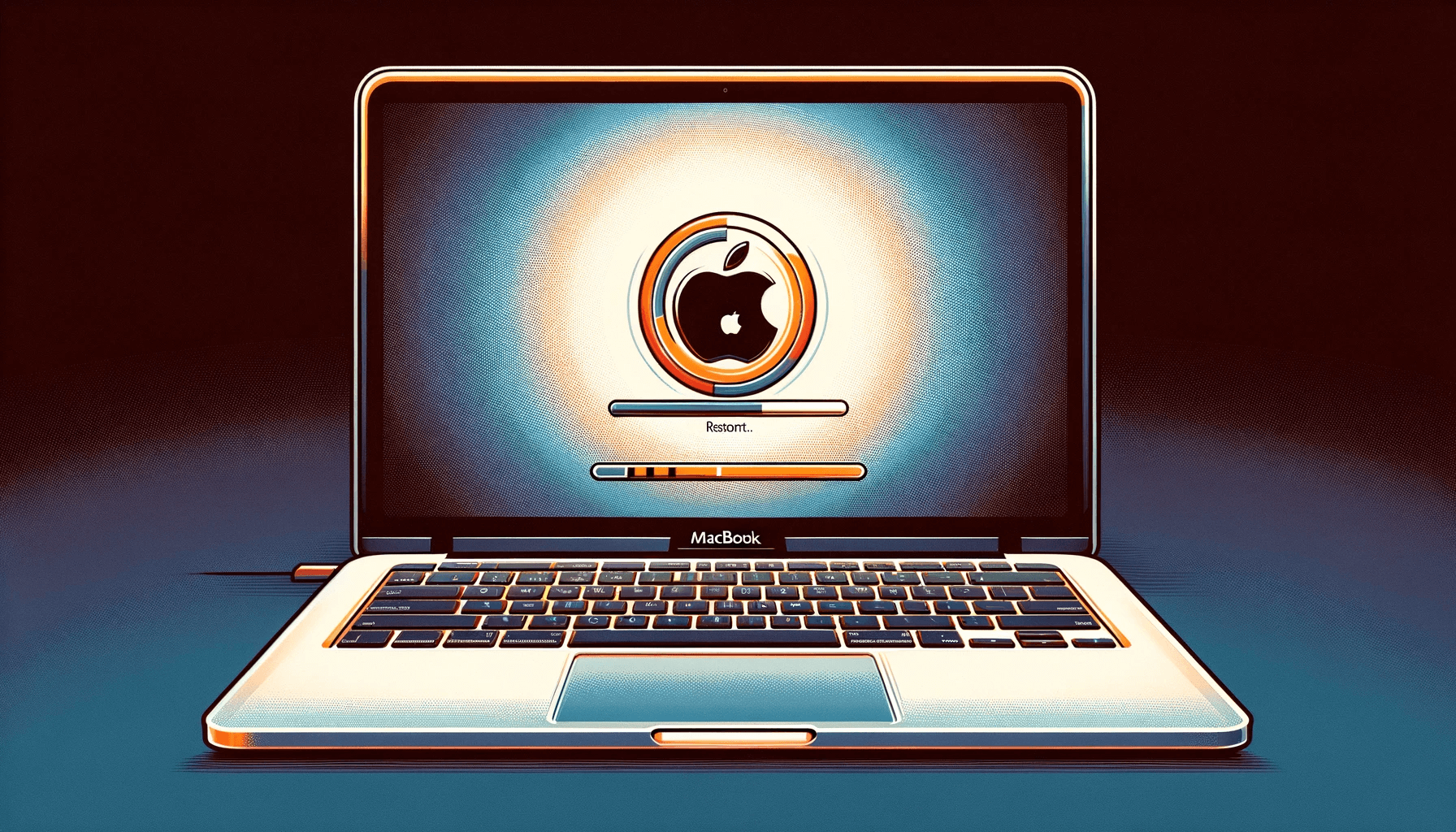 DALL·E 2023 11 29 11.10.31 A digital illustration of a MacBook restarting. The MacBook is shown open on a desk with its screen displaying the restarting process. The screen sho