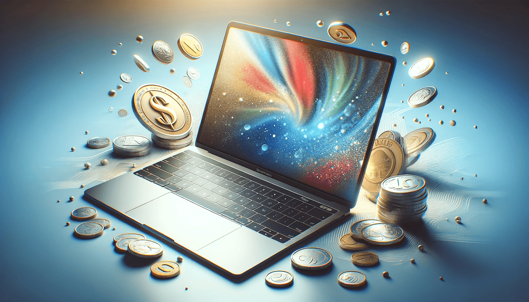 DALL·E 2023 12 19 15.10.28 A digital illustration of a MacBook with coins in the background. The MacBook is depicted open on a desk showcasing its sleek design and high resolut