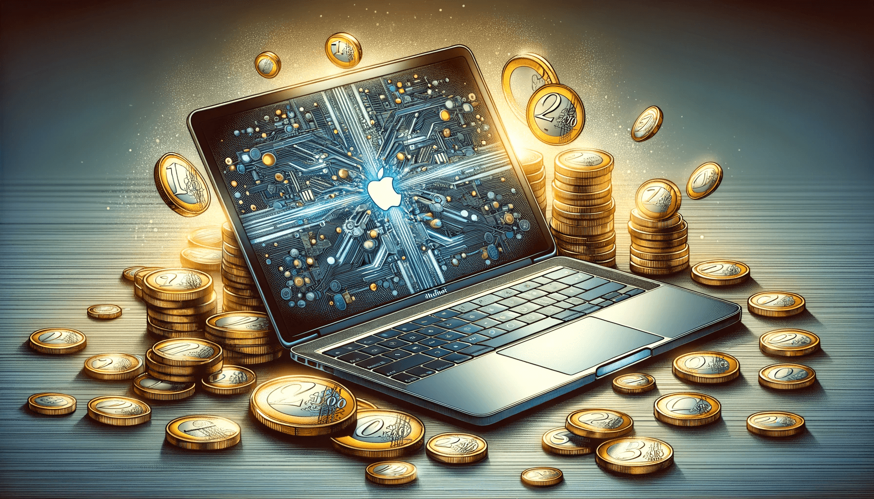 DALL·E 2023 12 19 15.20.29 A digital illustration of a MacBook with euro coins in the background. The MacBook is depicted open on a desk showcasing its sleek design and high re 1