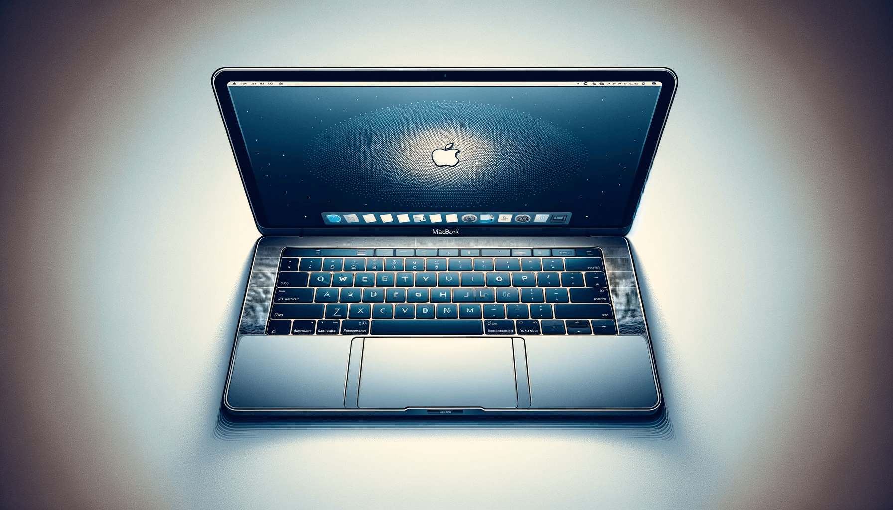 DALL·E 2023 12 19 16.06.12 A digital illustration of a MacBook with a focus on the keyboard. The MacBook is depicted open showcasing its high resolution screen and sleek design