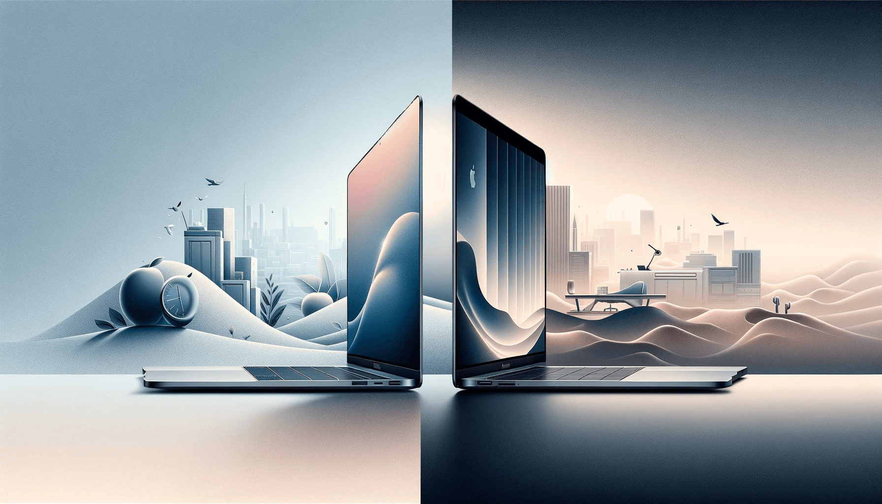 DALL·E 2023 12 21 17.00.05 A digital illustration featuring two images one of a MacBook Air and one of a MacBook Pro each with a different background. In the first image the