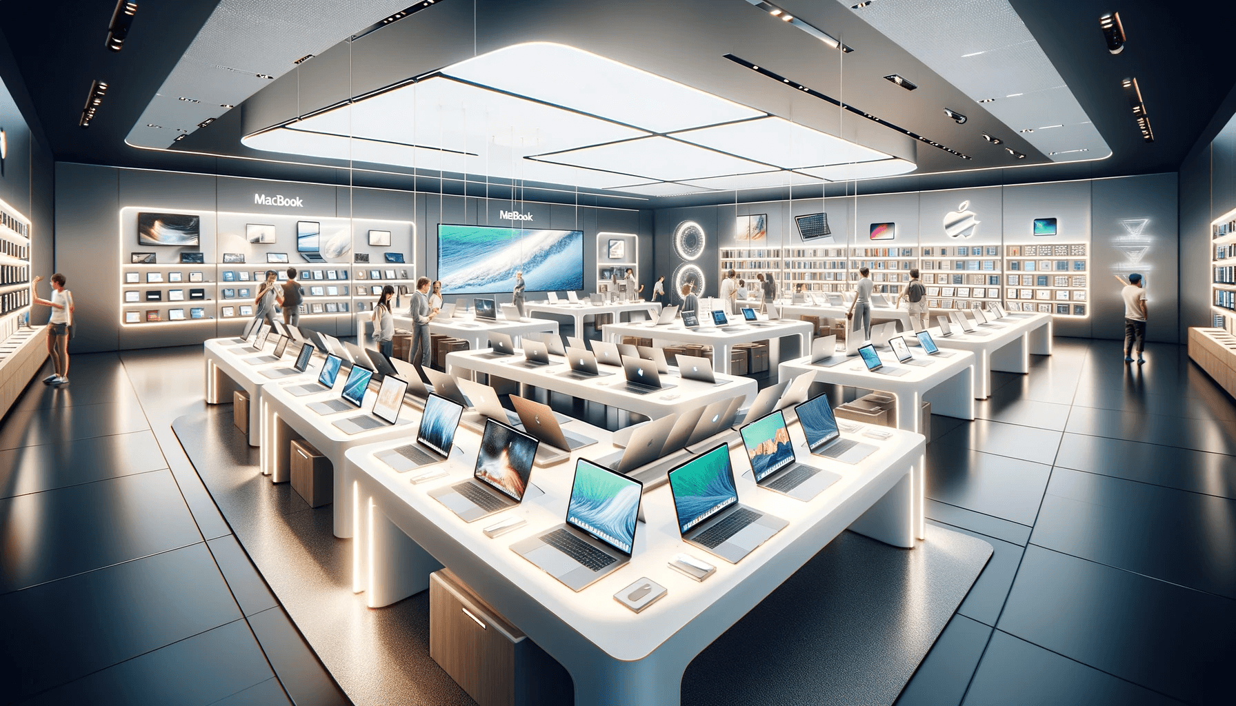 DALL·E 2023 12 21 17.05.24 A digital illustration of a shop with a lot of MacBooks. The shop is designed in a modern and stylish manner showcasing various models of MacBooks on