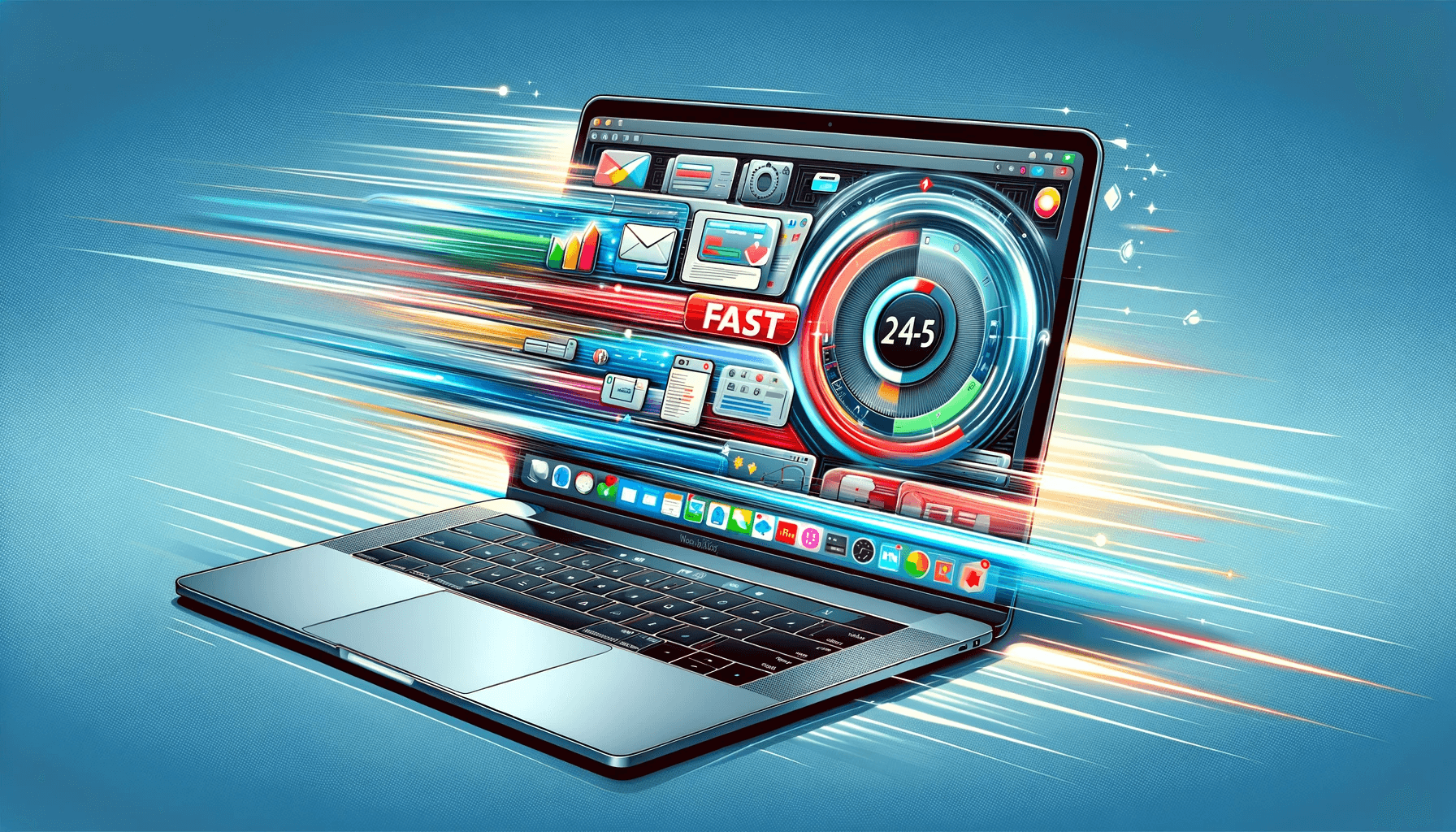 DALL·E 2023 12 21 17.20.56 A digital illustration of a MacBook working fast. The MacBook is open displaying its high resolution screen with dynamic and swift visual elements th