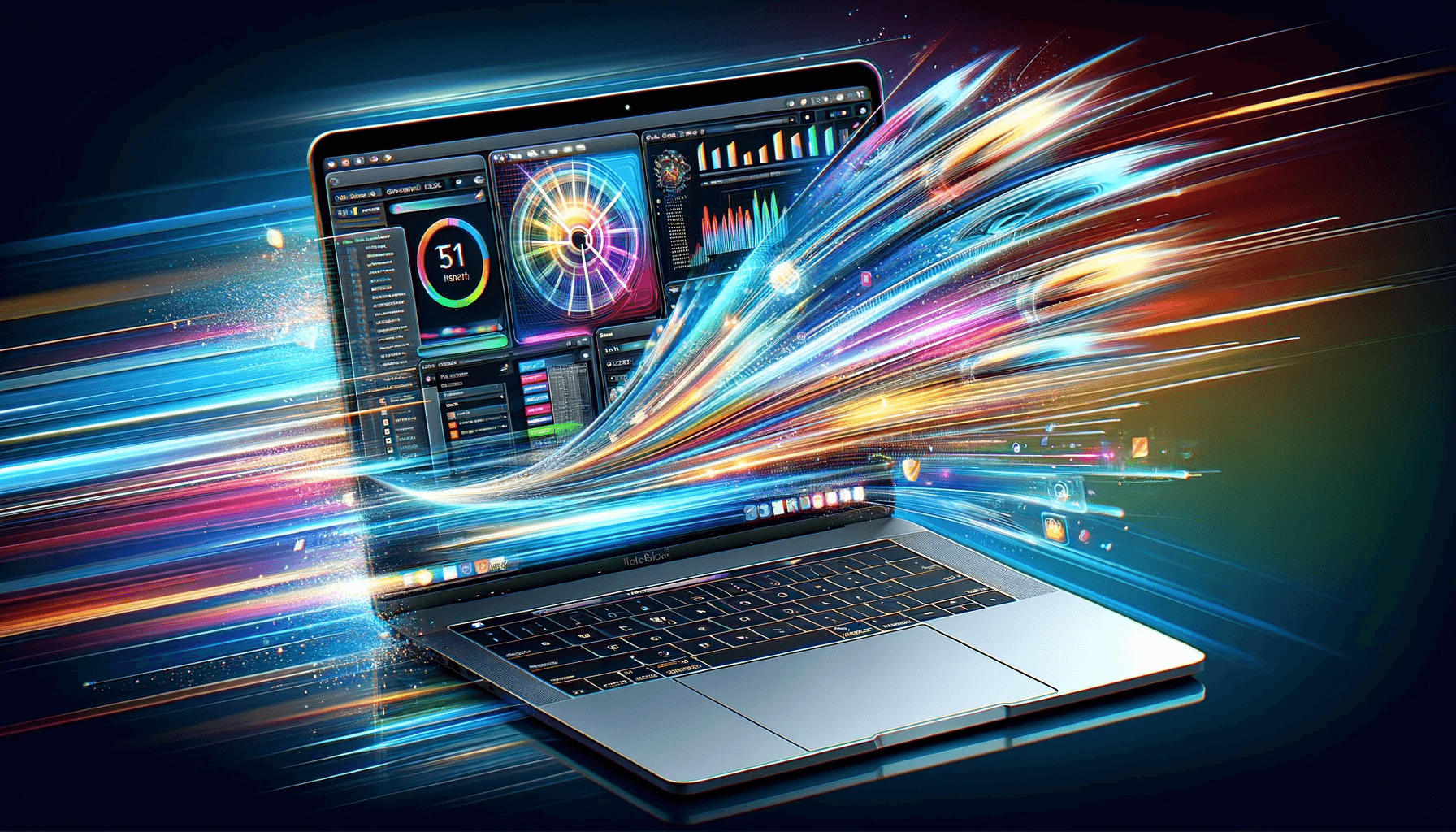 DALL·E 2023 12 21 17.30.15 A digital illustration of a MacBook working fast with a colorful background. The MacBook is open displaying its high resolution screen with dynamic