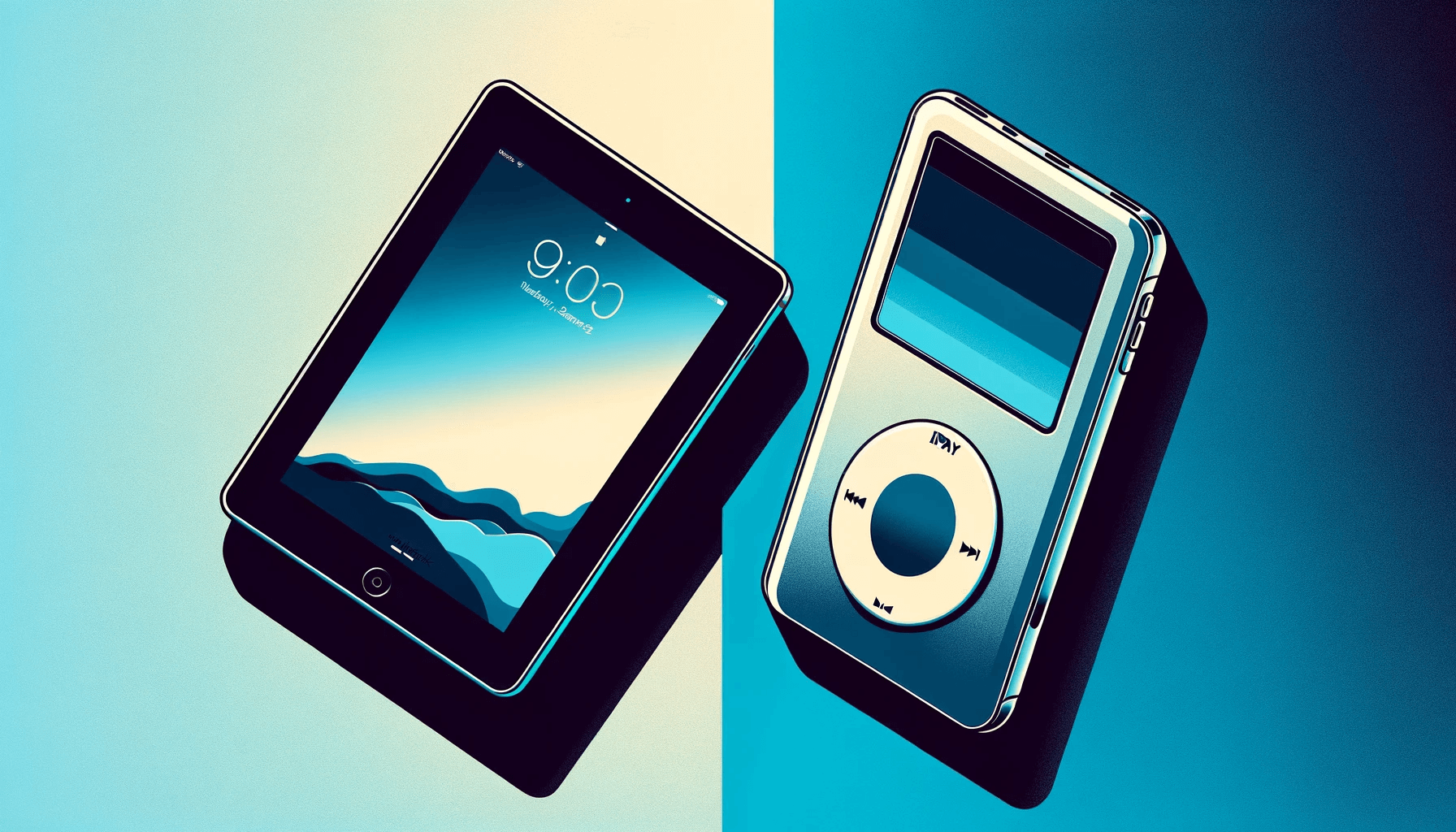 DALL·E 2023 12 21 17.49.37 A digital illustration featuring two images one of an iPad and one of an iPod each with a different color background. In the first image the iPad i