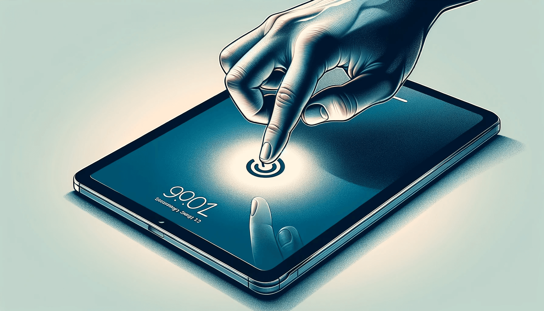 DALL·E 2023 12 26 17.33.41 A digital illustration of a person turning on an iPad. The illustration shows a persons hand pressing the power button of an iPad which is depicted