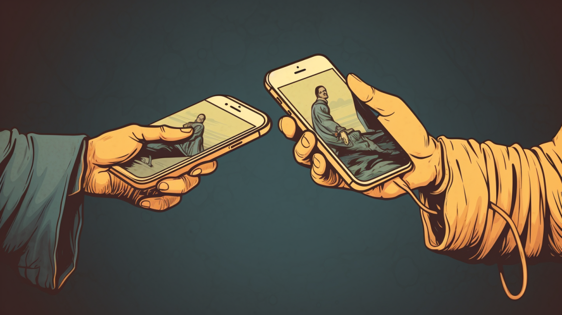 illustration of a person giving an iphone to anoth cfc5de1a 9427 47d2 8ca1 b7051d60ad95